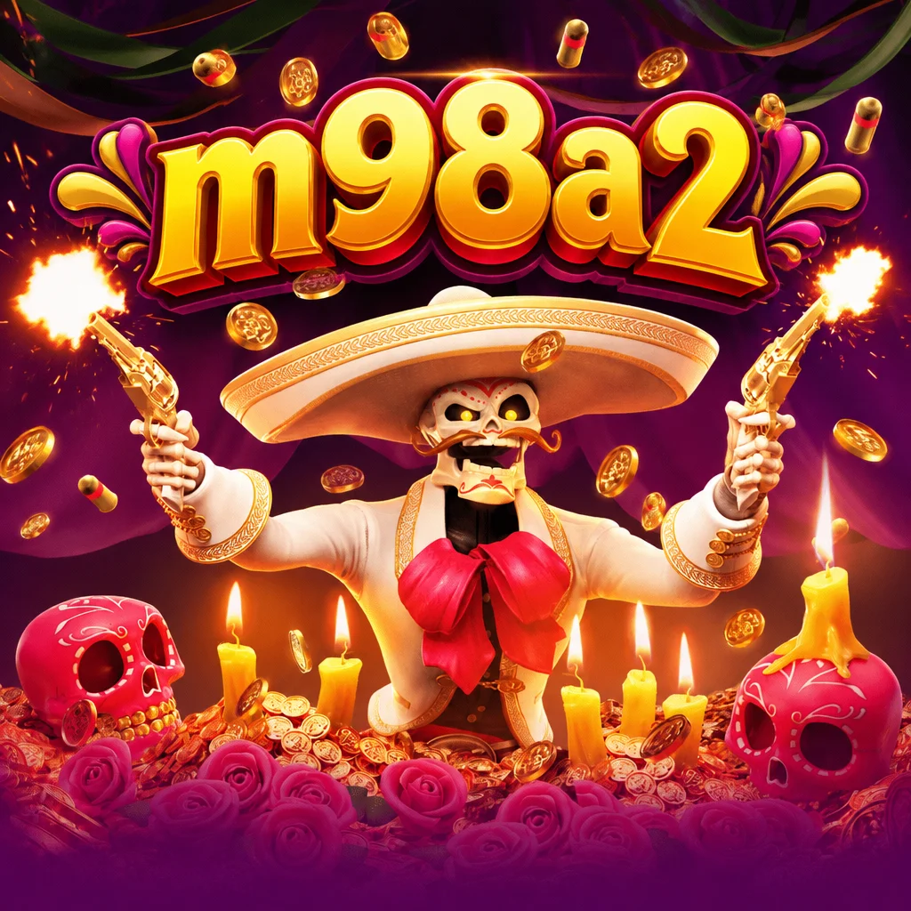 ภาพกราฟิกเกม Wild Bandito บน m98a2 ตัวละครโครงกระดูกสวมหมวกปีกกว้างถือปืนคู่ท่ามกลางเหรียญทอง